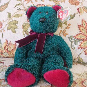 2001 Retired Green & Red Fuzzy Holiday Teddy Beanie Buddy, 14", Mint Condition